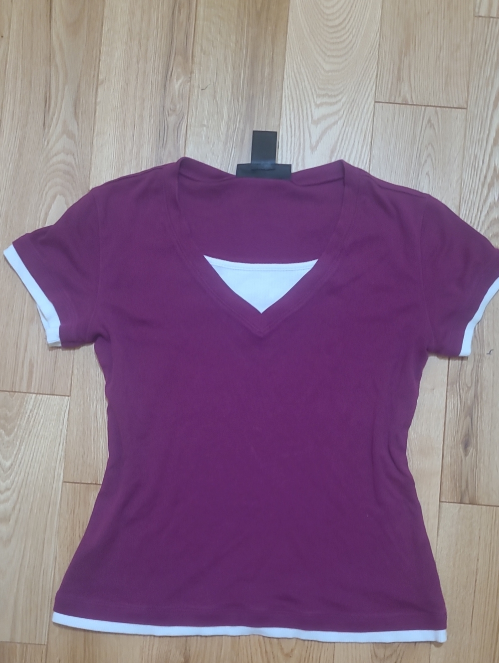 Plum V-Neck Short Sleeve Top with White Trim